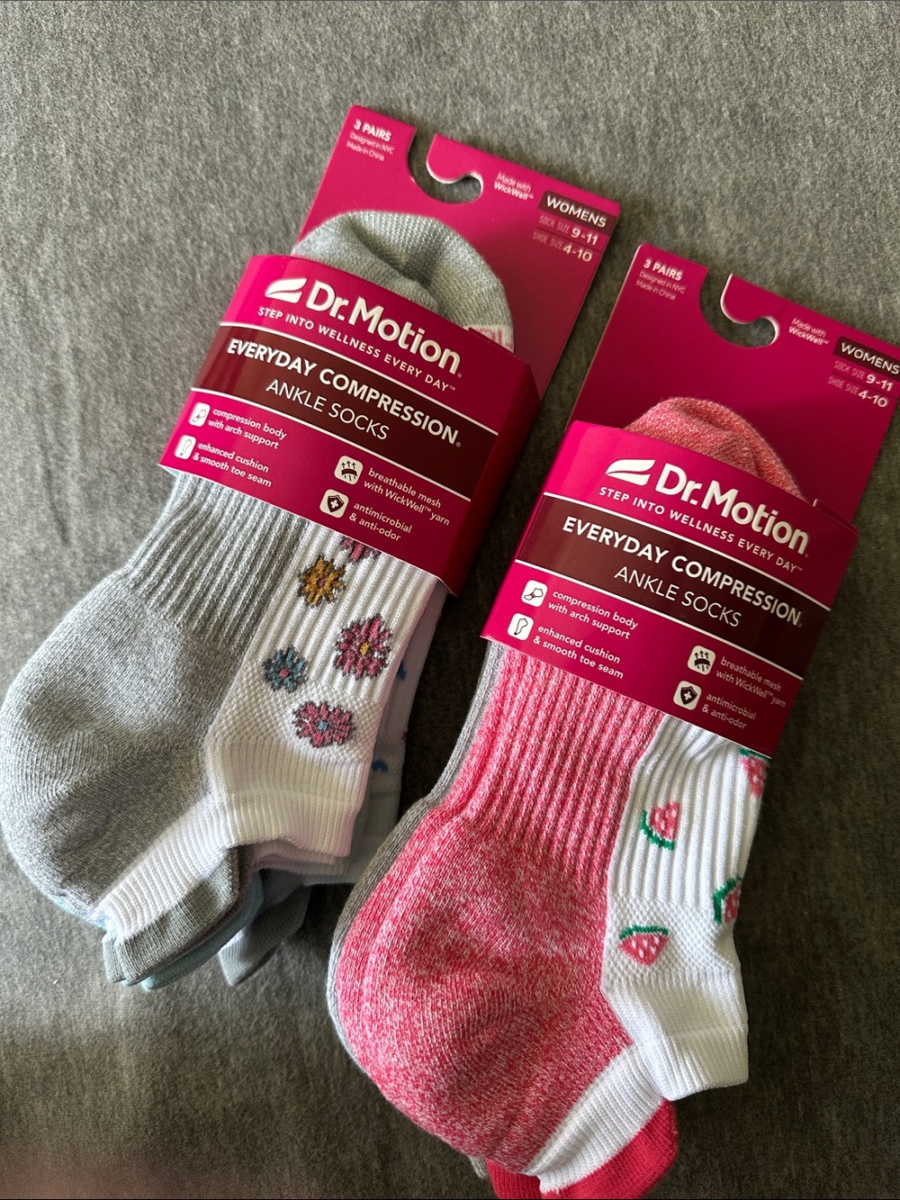 Dr. Motion Everyday Compression Ankle Socks - Pink & Gray Floral/Strawberry Sets